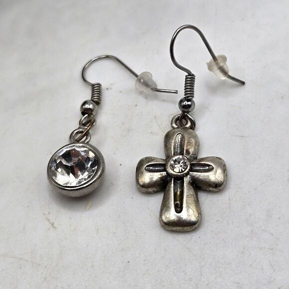 "5/$25" Mismatched Silvertone Rhinestone Cross /Circle Dangle Earrings - Picture 2 of 8